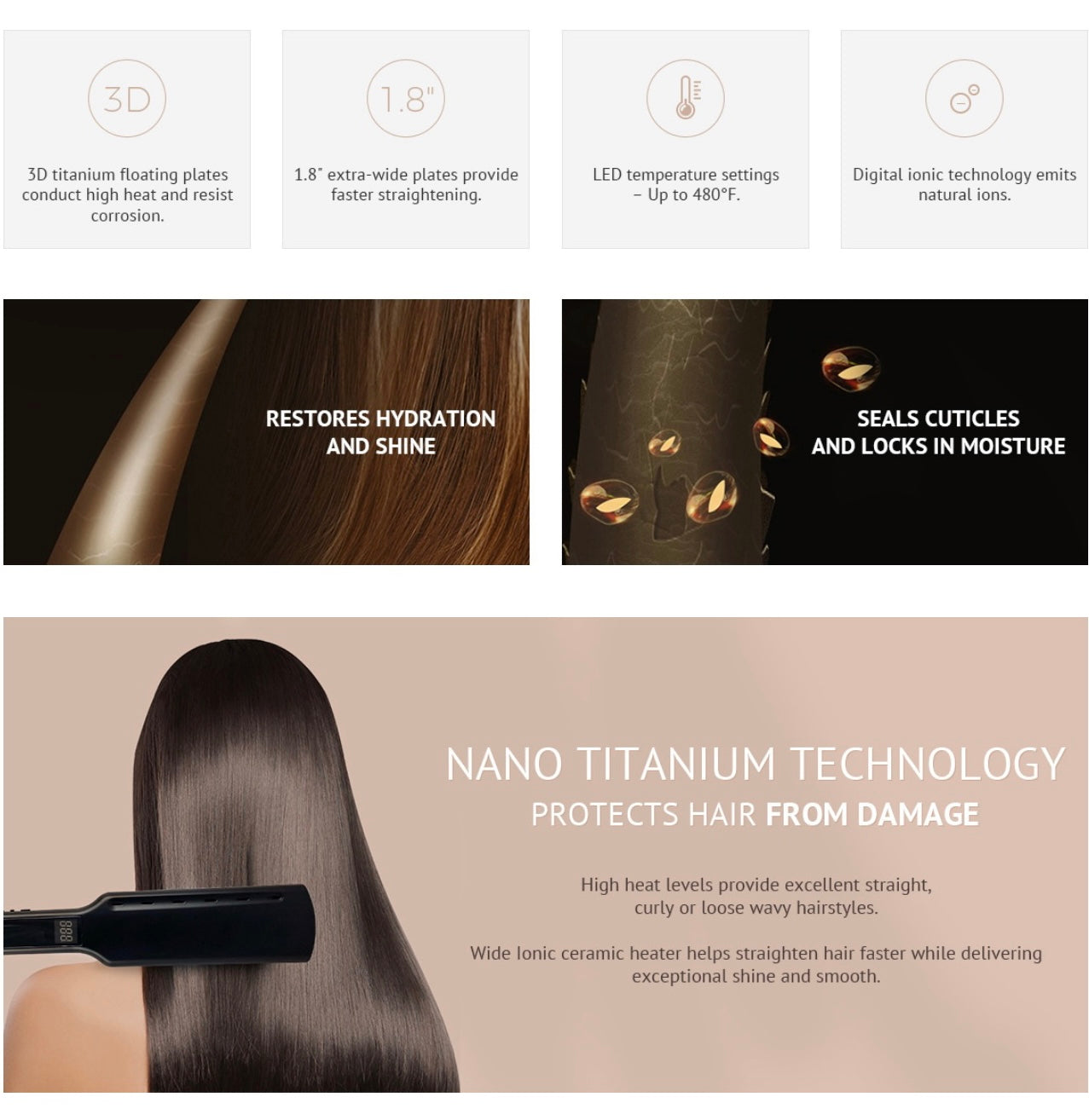 Professional 3D Titanium Ceramic Ionic 480°F Flat Iron Hair Straightener